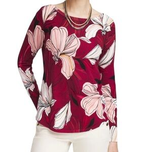 Chico's "Blooms" Red/Pink Floral Lightweight Bateau Neck Sweater 2(L)